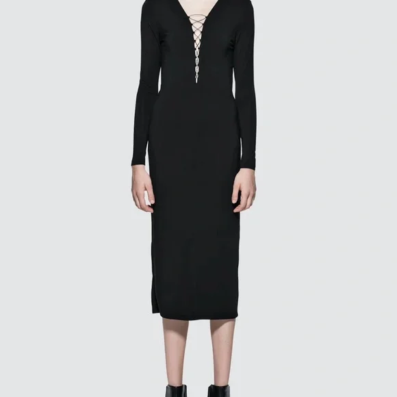 T by Alexander Wang Sheath dress longsleeve black cross cross deep v size XS - Picture 4 of 7